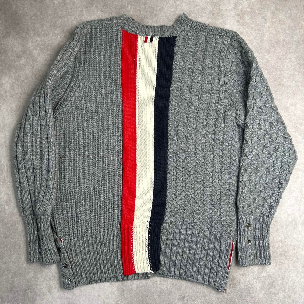 Thom Browne Cable Knit Sweater Academia Designer Size 2 Gray Cotton Split